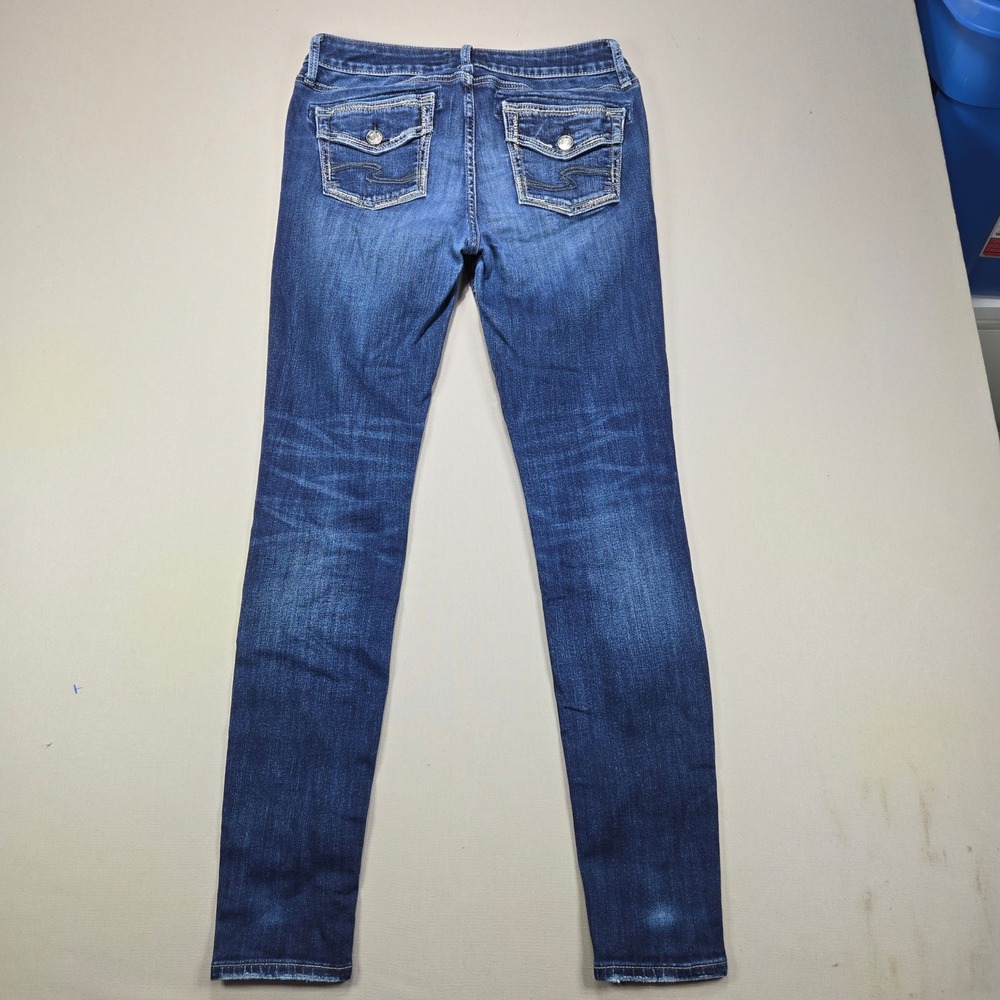 Silver Jeans Co Elyse Skinny Distressed Flap Pocket Blue Denim Women W29 L31 - Picture 2 of 12
